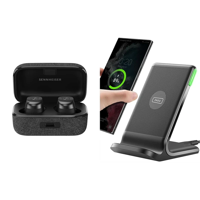 Sennheiser MOMENTUM True Wireless 3 Earbuds - Bluetooth In-Ear Headphones for Music and Calls & INIU Wireless Charger, 15W Fast Wireless Charging Stand Qi Certified Sleep-friendly Adaptive Light