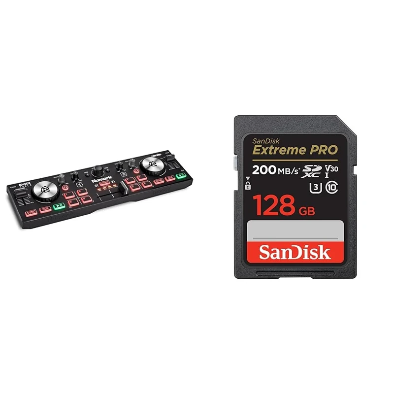 Numark DJ2GO2 Touch – Compact 2 Deck USB DJ Controller with Mixer & SanDisk 128GB Extreme PRO SDXC card + RescuePRO Deluxe, up to 200MB/s, UHS-I, Class 10, U3, V30