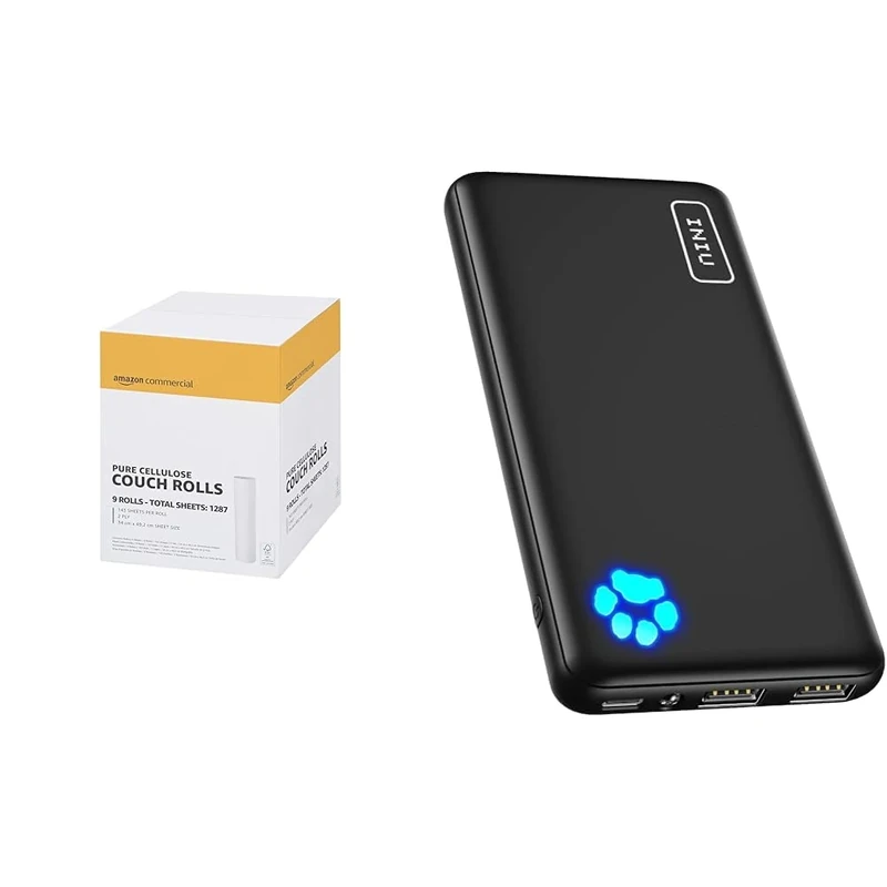 AmazonCommercial Premium Cellulose Rectangular Couch Rolls, 20" - 2 PLY - 50 Metres per roll & INIU Power Bank, Portable Charger 10000mAh Slimmest & Lightest High-Speed USB C Input & Output