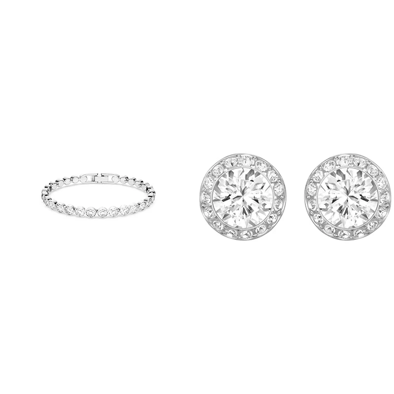 Swarovski Tennis bracelet, Round cut, White, Rhodium plated & Angelic stud earrings, Round cut, White, Rhodium plated