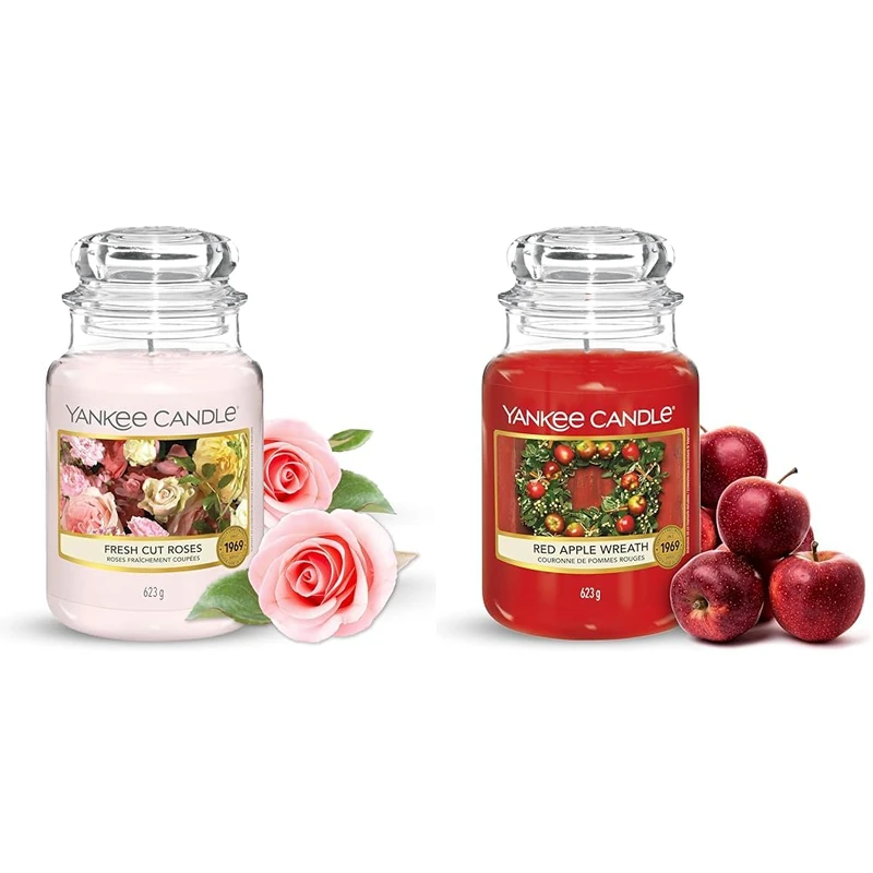Yankee Candle Scented Candle | Fresh Cut Roses Large Jar Candle | Long Burning Candles: up to 150 Hours & Scented Candle | Red Apple Wreath Large Jar Candle | Long Burning Candles: up to 150 Hours