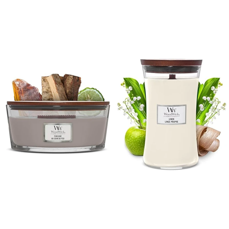 Woodwick Ellipse Scented Candle with Crackling Wick | Fireside | Up to 50 Hours Burn Time & Woodwick Large Hourglass Scented Candle | Linen | with Crackling Wick