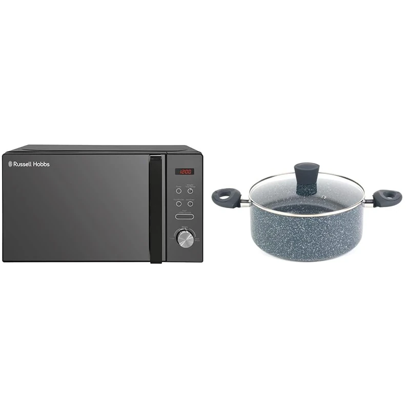 Russell Hobbs RHM2076B 20 Litre 741 W Black Digital Solo Microwave with 5 Power Levels & RH00849EU Stockpot With Lid - Non-Stick 24cm Induction Suitable Cooking Pot