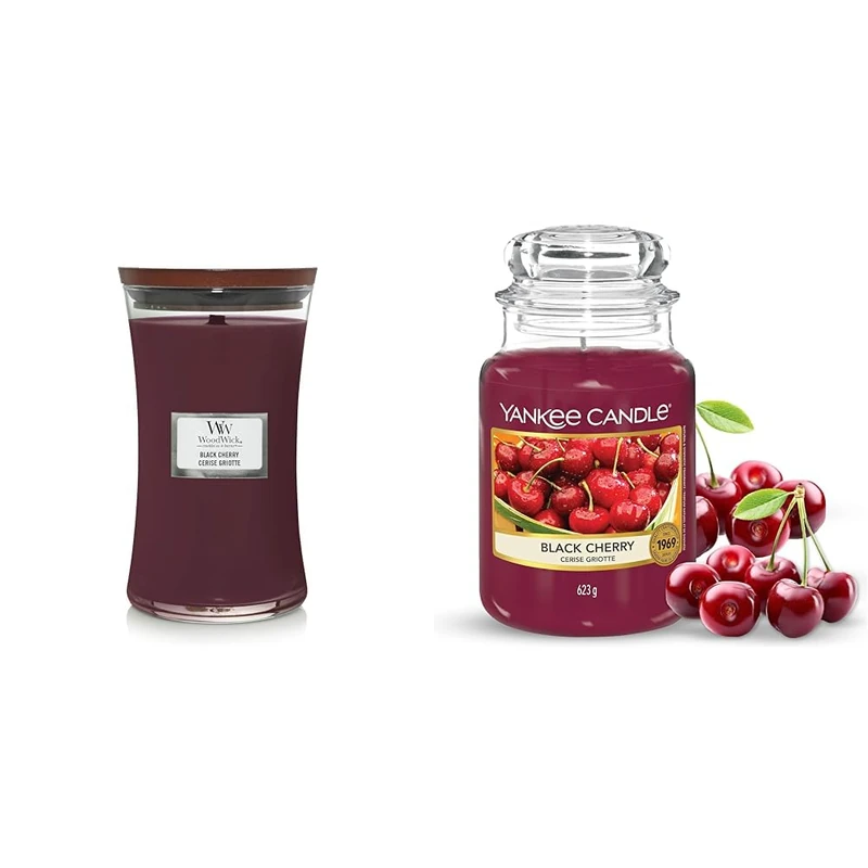 Woodwick Large Hourglass Scented Candle - Black Cherry - with Crackling Wick - Burn Time : Up to 130 Hours & Yankee Candle Scented Candle | Black Cherry Large Jar Candle
