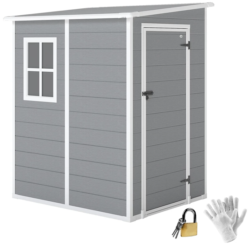Outsunny 4 x 5FT Plastic Garden Shed with Floor, Lean to Outdoor Storage Shed, Lockable Tool Storage House with Window, Vent and Plastic Roof, Grey