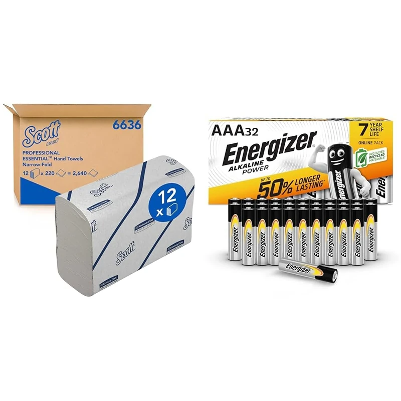 Scott Essential Hand Towels 6636 - Narrow-Fold Paper Hand Towels - 12 Clips x 220 White Paper Towels (2,640 Total) & Energizer AAA Batteries, Alkaline Power, Triple A Battery Pack, 32 Pack