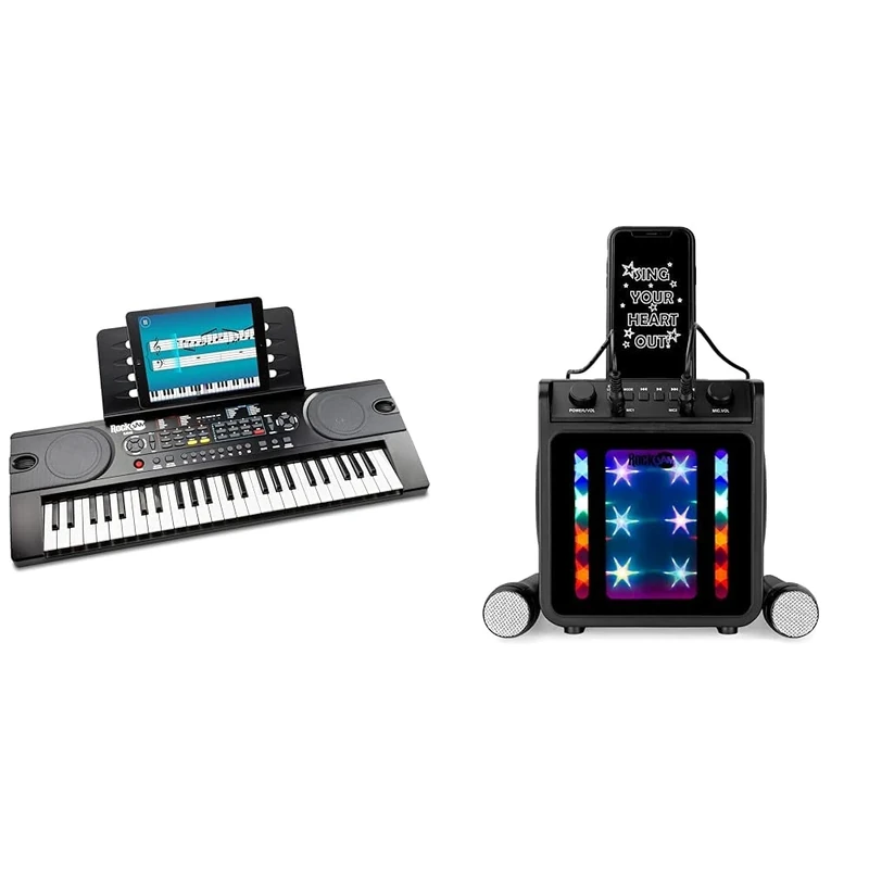 RockJam 49 Key Keyboard Piano with Power Supply, Sheet Music Stand & 10-Watt Rechargeable Bluetooth Karaoke Machine with Two Microphones