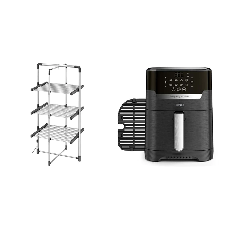 Black+Decker 63099 3-Tier Heated Clothes Airer Aluminium, Cool Grey, 140cm x 73cm x 68cm & Tefal Easy Fry Precision 2-in-1 Digital Air Fryer and Grill 4.2 Litre Capacity 8 Programs