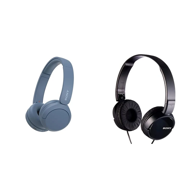 Sony WH-CH520 Wireless Bluetooth Headphones - up to 50 Hours Battery Life with Quick Charge, On-ear style - Blue & MDR-ZX110 Overhead Headphones - Black, BASIC, Pack of 1
