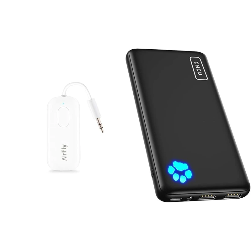Twelve South AirFly Pro | Wireless transmitter/receiver with audio sharing for up to 2 AirPods & INIU Power Bank, Portable Charger 10000mAh Slimmest & Lightest High-Speed USB C Input & Output