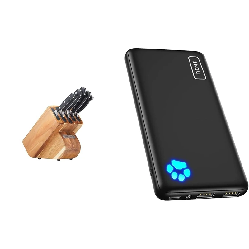 Sabatier Edgekeeper Knife and Acacia Wood Block Set, Self-Sharpening Knives, Set Includes Chef & INIU Power Bank, Portable Charger 10000mAh Slimmest & Lightest High-Speed USB C Input & Output - Image 1