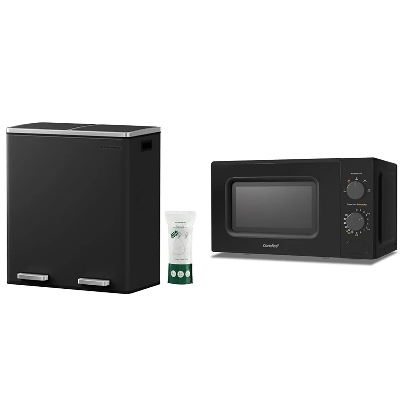 SONGMICS Double Rubbish Bin, 2 x 30L Waste and Recycling Kitchen Bin with 15 Rubbish Bags & COMFEE' 700W 20L Black Microwave Oven With 5 Cooking Power Levels, Quick Defrost Function