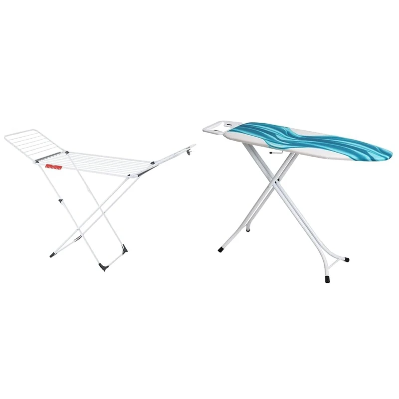Vileda Extra X-Legs Clothes Airer, Indoor Clothes Drying Rack with 20m Washing Line, White & Mabel Home Adjustable Height, Deluxe, 4-Leg, Ironing Board, Extra Cover, Blue/White Patterned