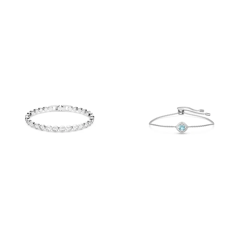 Swarovski Tennis bracelet, Round cut, White, Rhodium plated & Angelic Square bracelet, Blue, Rhodium plated, from Angelic Square Collection
