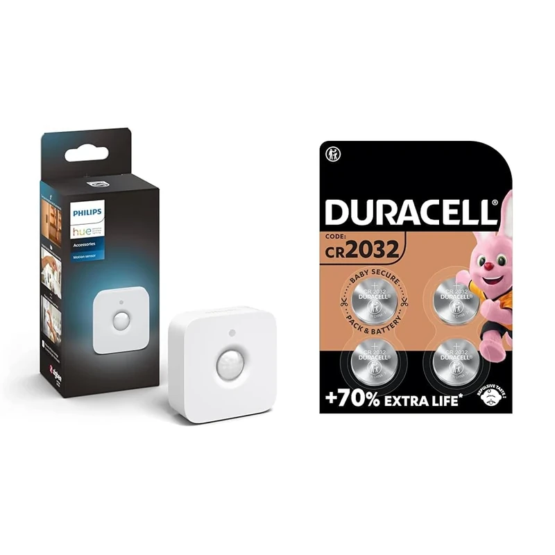 Philips Hue Indoor Motion Sensor with Wireless Control. Smart Lighting Accessory. & DURACELL 2032 Lithium Coin Batteries 3V (4 Pack) - Up to 70% Extra Life - Baby Secure Technology