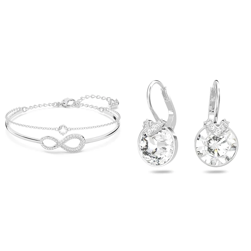 Swarovski Infinity bangle, Infinity, White, Rhodium plated & Bella Drop Pierced Earrings with Round White Crystals and Matching Pavé on a Rhodium Plated Setting with a Lever Back Closure