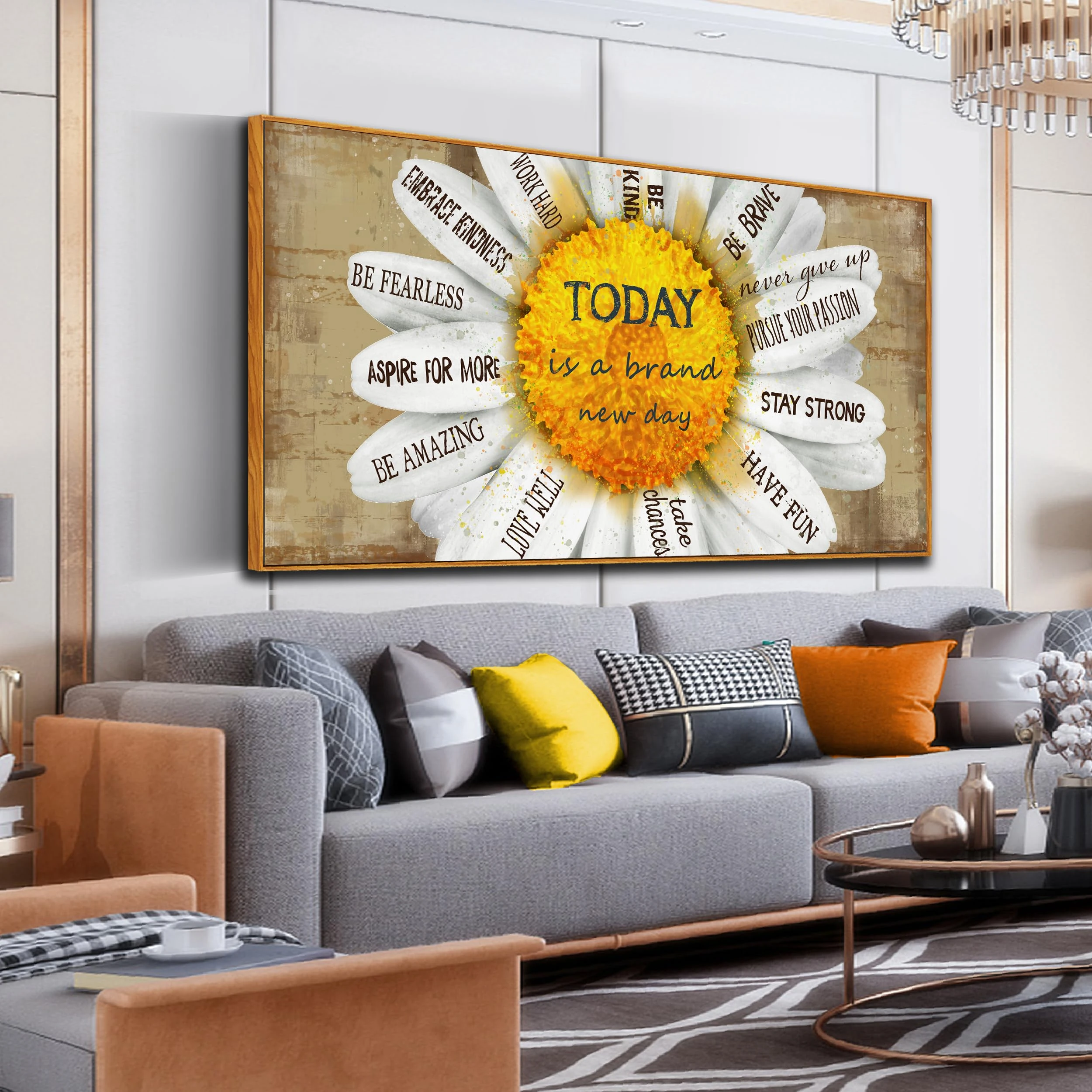 Framed Inspirational Wall Art Living Room - Yellow Pictures Wall Decor - Canvas Wall Art Flowers Ready to Hang Size 29" x 59"