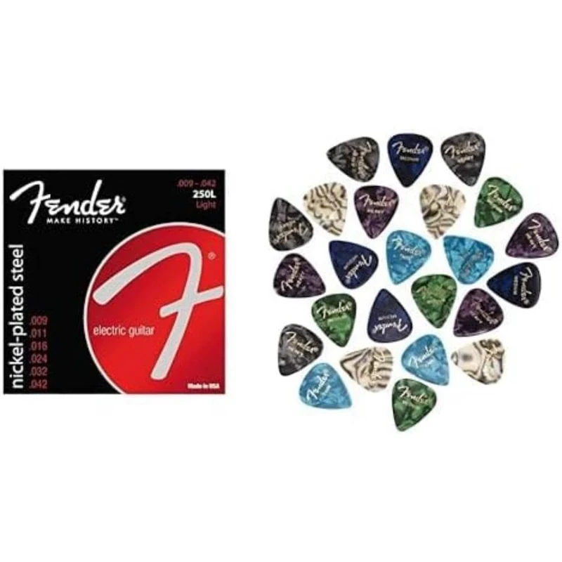 Bundle of (6) Fender 250 9 42 Electric Guitar Strings + 351 Shape Premium Picks 24 Count Multi-Colour
