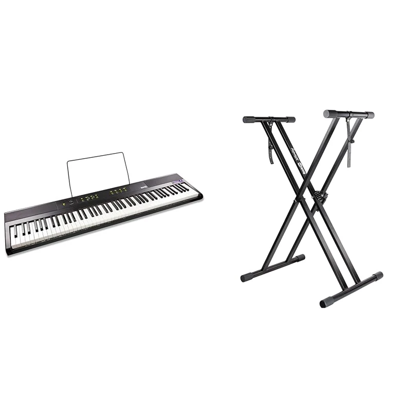 RockJam 88 Key Digital Piano with Full Size Semi-Weighted Keys, Power Supply, Sheet Music Stand & XX-363 Xfinity Doublebraced Pre Assembled Keyboard Stand with Locking Straps & Lessons