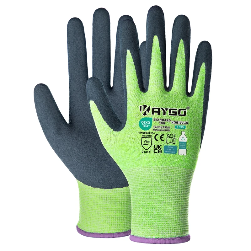 KAYGO Latex Coated Work Gloves for Men Women Breathable, 3 Pairs Recycled Polyester Gardening Gloves, Eco Friendly Safety Yard Work Gloves for Men, KGE19L (Green, X-Small)
