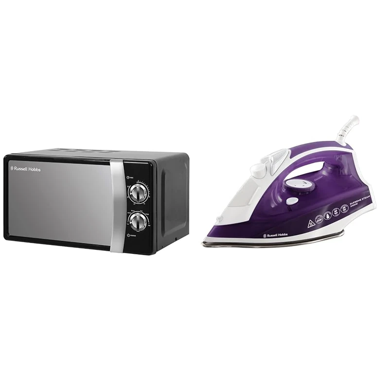 Russell Hobbs RHMM701B 17 Litre 700 W Black Solo Manual Microwave with 5 Power Levels & Supreme Steam Iron, Powerful vertical steam function