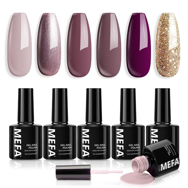 MEFA Gel Nail Polish Set, 6 Colors Nude Purple Brown Glitter Gold Gel Polish Set Soak Off for Salon Home DIY for Women