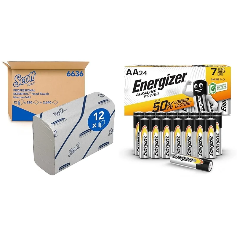 Scott Essential Hand Towels 6636 - Narrow-Fold Paper Hand Towels - 12 Clips x 220 White Paper Towels (2,640 Total) & Energizer AA Batteries, Alkaline Power, 24 Pack, Double A Battery Pack