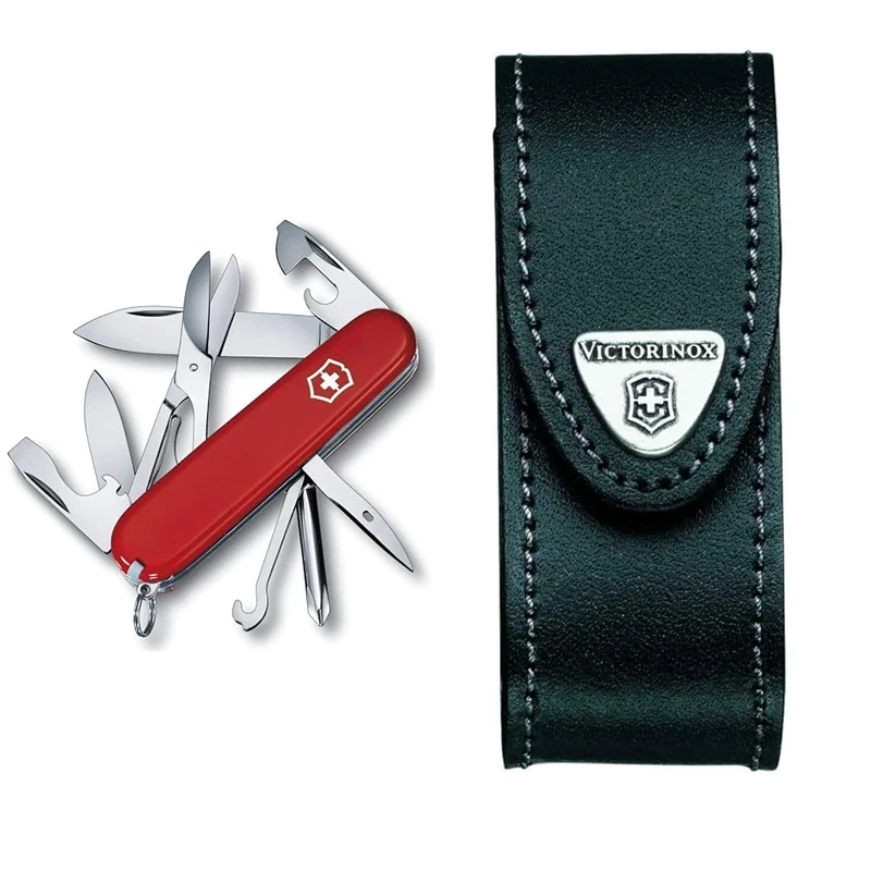 Victorinox Super Tinker Swiss Army Pocket Knife, Medium, Multi Tool, 14 Functions, Blade, Bottle Opener, Red & Leather Pouch for Swiss Army Pocket Knives, 3,5cm x 10cm, Black, Standard, (4.0520.3B1)