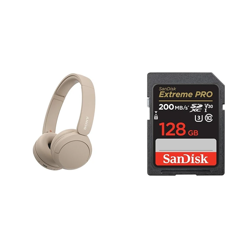 Sony WH-CH520 Wireless Bluetooth Headphones - up to 50 Hours Battery Life - Beige & SanDisk 128GB Extreme PRO SDXC card + RescuePRO Deluxe, up to 200MB/s, UHS-I, Class 10, U3, V30