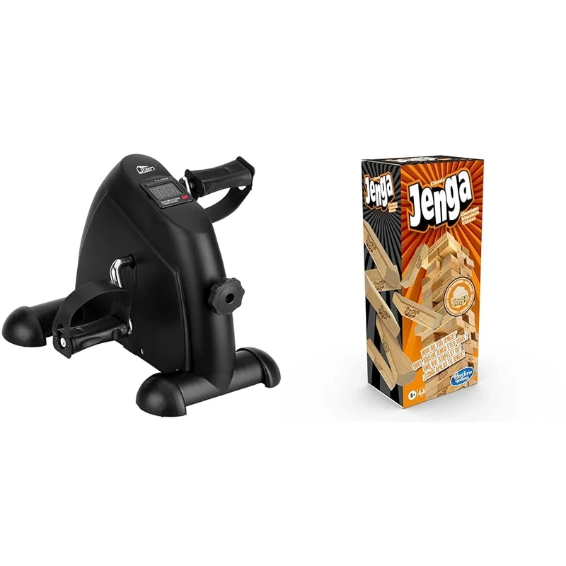 Mini Exercise Bike Pedal Exerciser Resistance Cycle Indoor Gym Office Fit Black & Hasbro Gaming Jenga Classic, Children's game that promotes reaction speed from 6 years