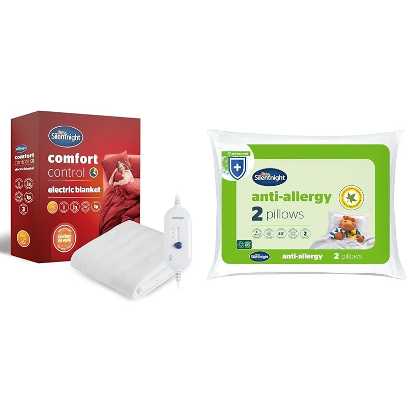 Silentnight Comfort Control Electric Blanket - Heated Underblanket with 3 Heat Settings & Anti-Allergy Pillows 2 Pack – Soft Medium Support Anti Bacterial, Bed Hotel Pillows