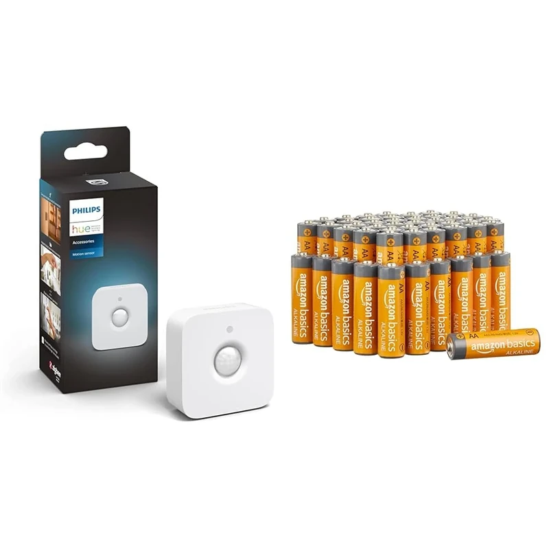 Philips Hue Indoor Motion Sensor with Wireless Control. Smart Lighting Accessory. & Amazon Basics AA 1.5 Volt Performance Alkaline Batteries - Pack of 48 (Appearance may vary)