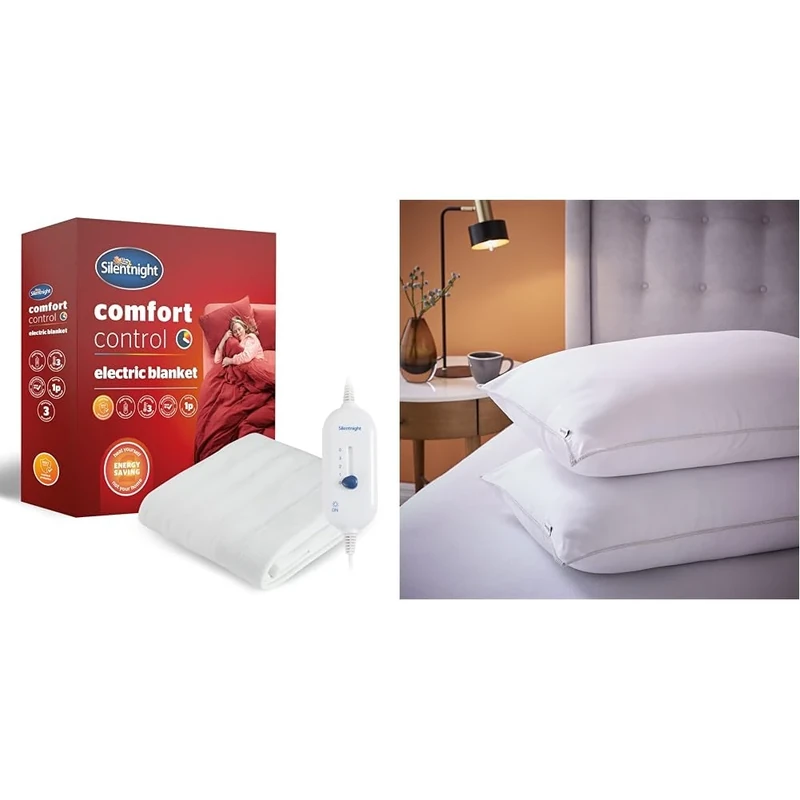 Silentnight Comfort Control Washable Electric Blanket - 3 Heat Settings & Pack of 2 Luxury Warm Cosy Pillows, Hypoallergenic Pillows with Luxurious Stitching