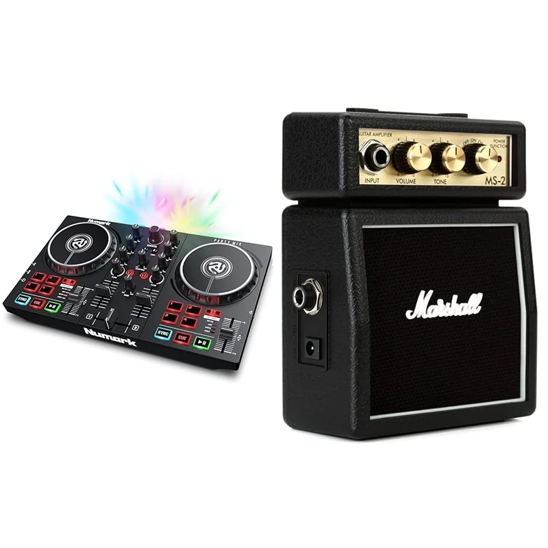 Numark Party Mix - DJ Controller with Party Lights, 2-Deck Mixer, Audio Interface and USB Connectivity + Serato DJ Lite & Marshall MS2 Micro Amp - Black