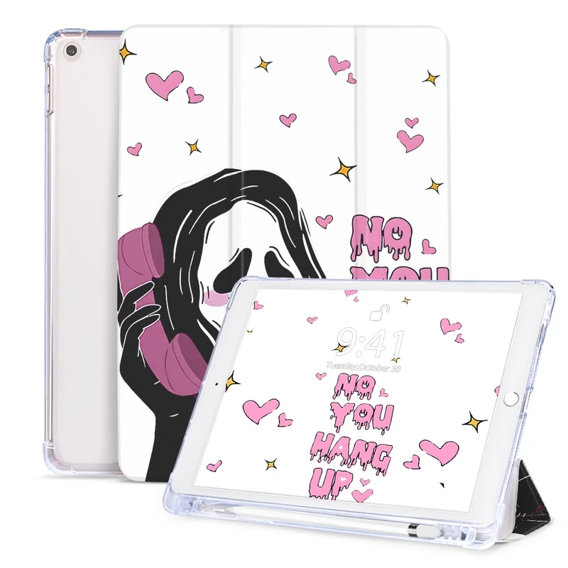 Vozehui Case for iPad 10.2 inch 9th&8th&7th Generation Pink with Pen Holder, Auto Sleep/Wake for iPad 7/8/9 Ghost Scary Face for Women Men Kids Girls Boy Cartoon, 2021/2020/2019, Skull White