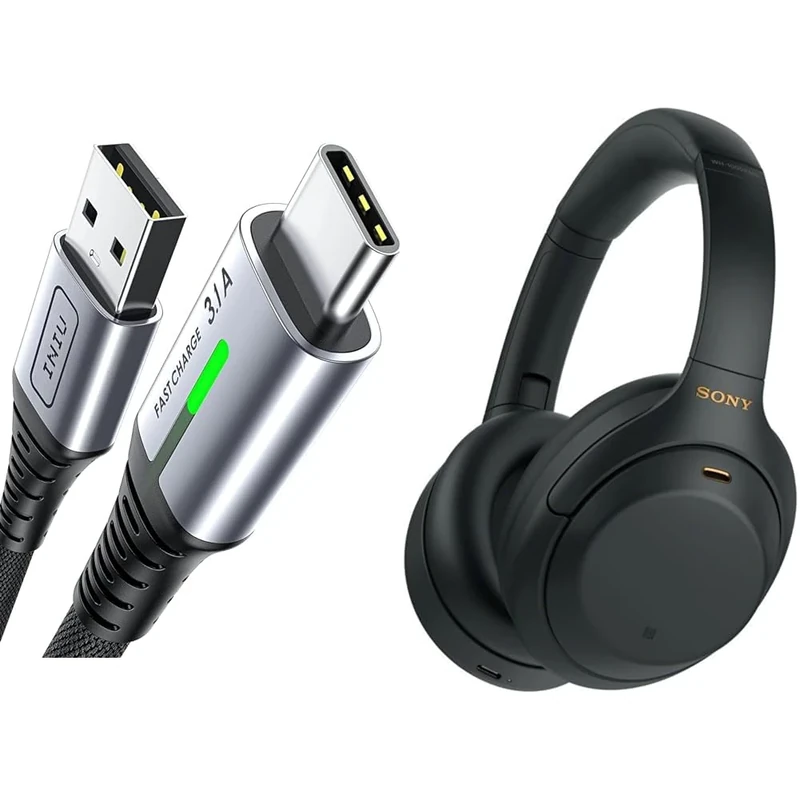 INIU USB C Charger Cable 2m 3.1A Type C Cable Fast Charging, Braided USB A to USB-C & Sony WH-1000XM4 Noise Cancelling Wireless Headphones - 30 hours battery life - Over Ear style