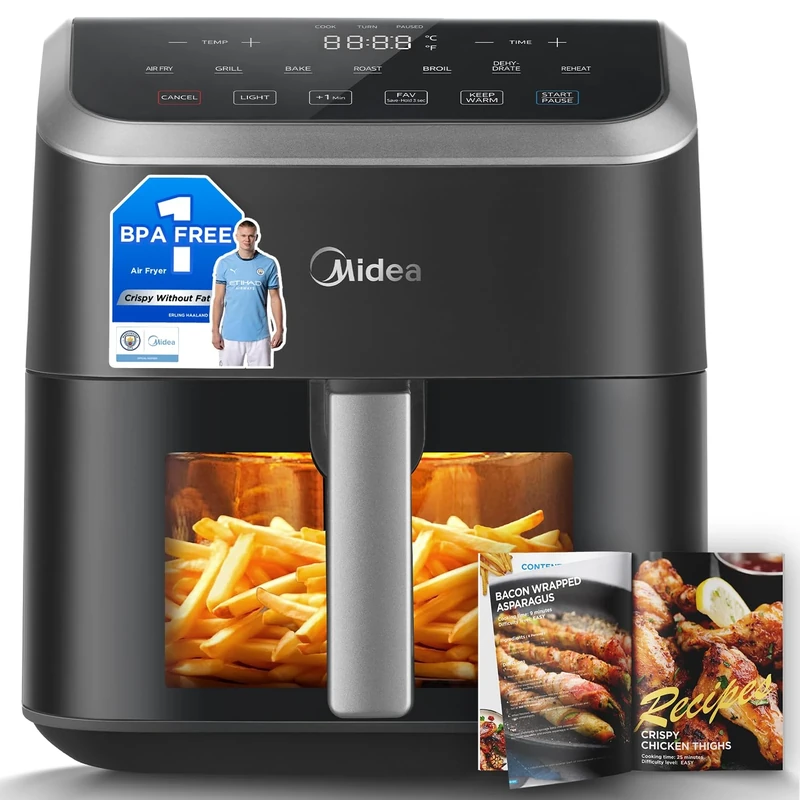 Midea Air Fryer with Visible Window 5L, HeatXpress Rapid Air Technology, 90% Less Oil, Energy Saving, 7-In-1 Presets, Non-Stick, Dishwasher Safe, Digital Display, +1 Minute Button,1600W Power