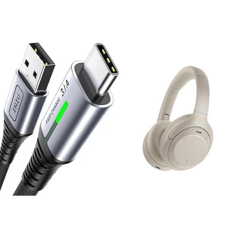 INIU USB C Charger Cable 2m 3.1A Type C Cable Fast Charging, Braided USB A to USB-C & Sony WH-1000XM4 Noise Cancelling Wireless Headphones - 30 hours battery life - Over Ear style