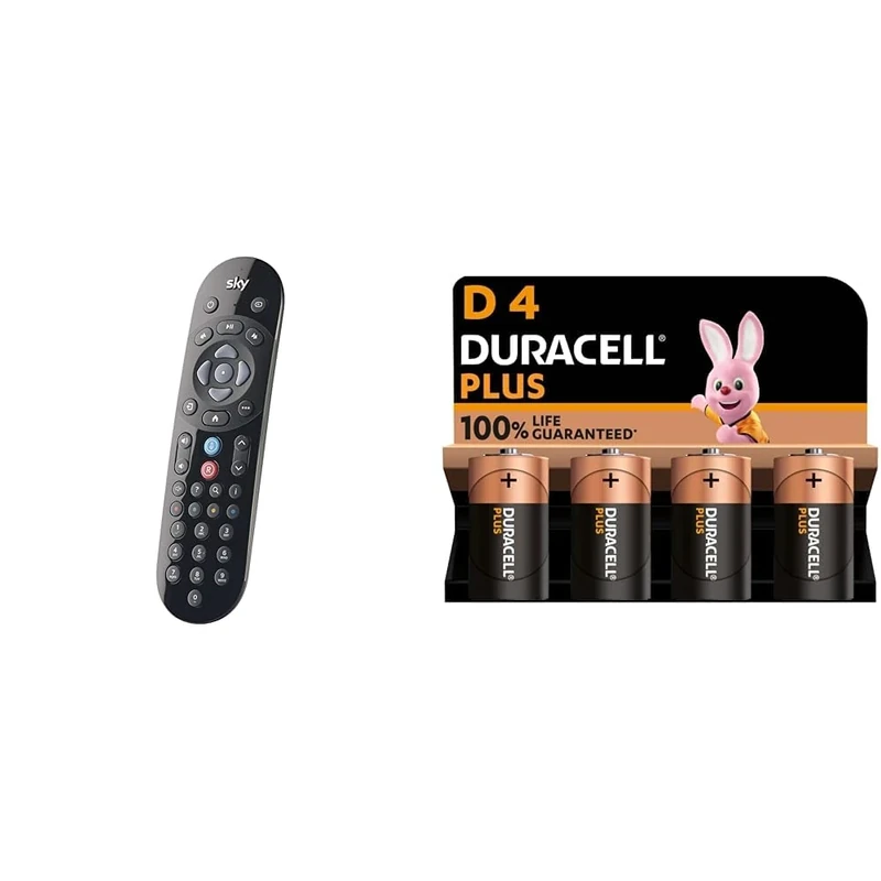 Original SKY Q Voice Remote Control - Compatible with Sky Q 1TB or 2TB box plus the Sky Q Mini box & Duracell Plus D Batteries (4 Pack) - Alkaline 1.5V - 100% Life Guaranteed