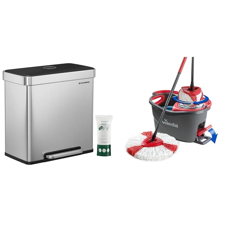 SONGMICS Kitchen Bin, 2 x 30L Stainless Steel Pedal Rubbish Bin with 15 Trash Bags & Vileda Turbo Microfibre Mop and Bucket Set, Spin Mop for Cleaning Floors, Set of 1x Mop