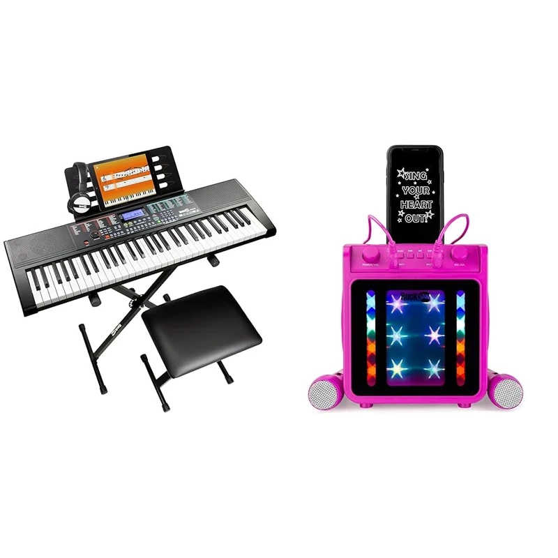 Rockjam 61-Key Keyboard Piano Kit with Keyboard Stand, Piano Bench, Headphones & 10-Watt Rechargeable Bluetooth Karaoke Machine with Two Microphones