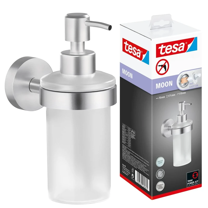 tesa Moon Soap Dispenser - No Drill Wall Mounted Chrome-Plated Dispenser for 200 ml Liquid Soap with Satined Glass Bottle, Stainless - Includes Removable Adhesive Solution - 109 mm x 70 mm x 156 mm