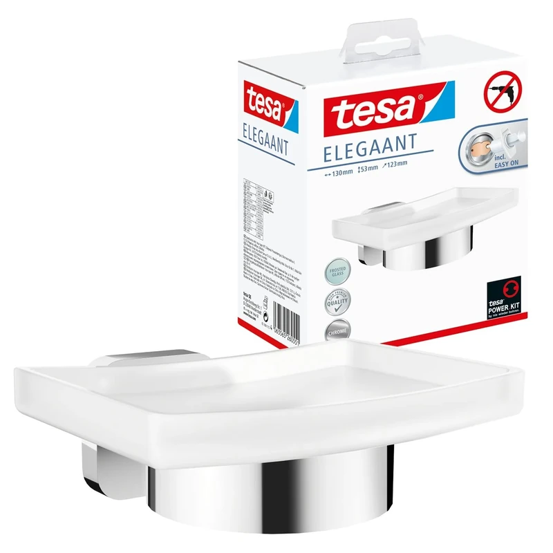 tesa ELEGAANT Soap Holder - No Drill Wall Mounted Satined Glass Soap Dish with Chrome-Plated Holder, Stainless - Waterproof - Includes Removable Glue Solution - 79mm x 124mm x 119mm