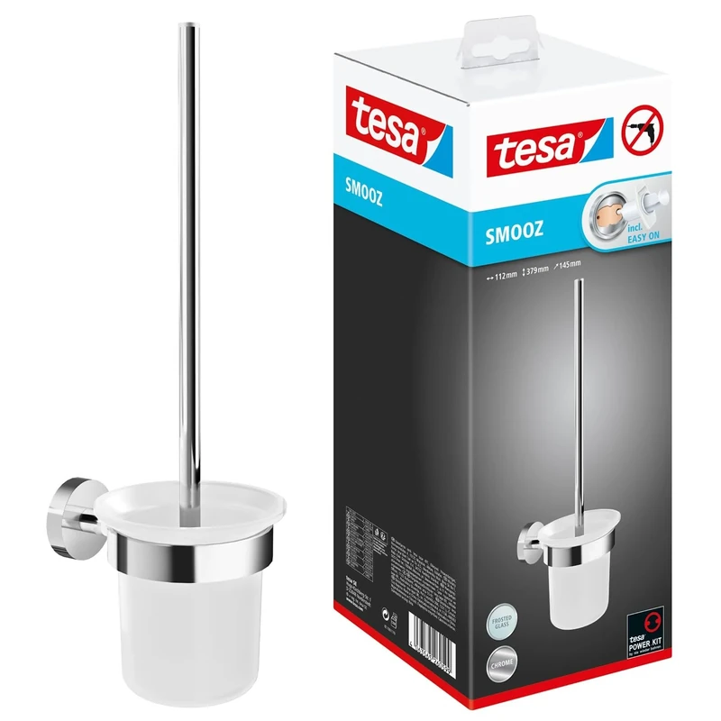 tesa SMOOZ Toilet Brush Set - No Drill Toilet Brush with Frosted Glass Container - Includes Removable Glue Solution - 137 mm x 97 mm x 410 mm