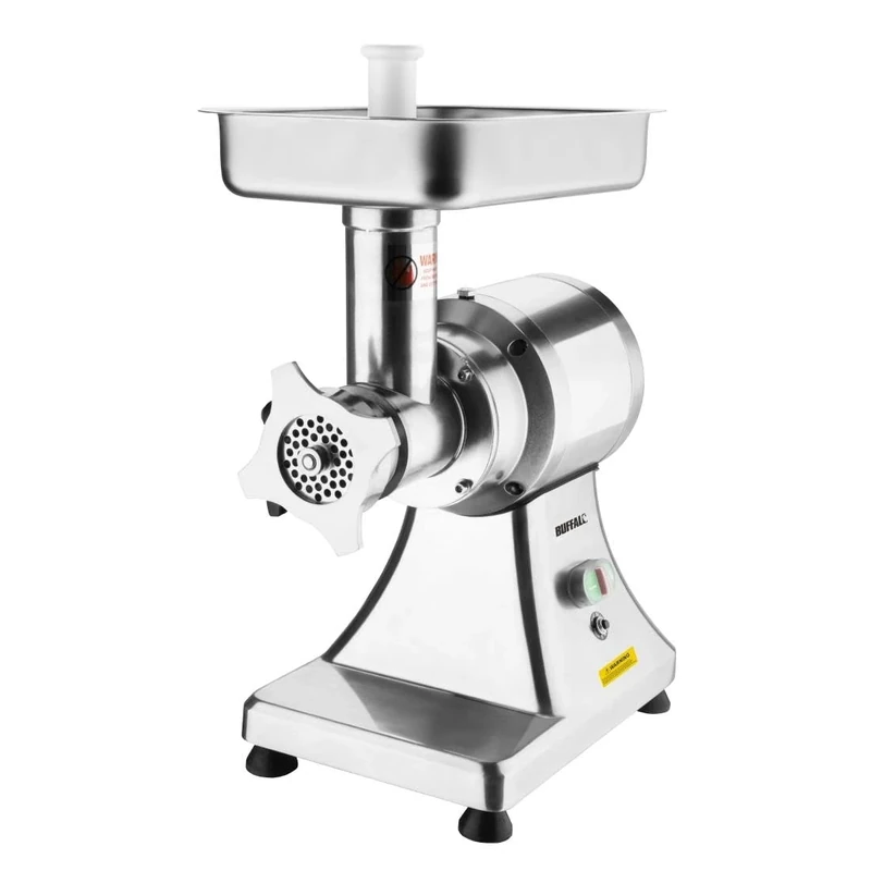 Buffalo 550W Heavy Duty Meat Mincer Size 12, Silver, Aluminium & Stainless Steel, Output: up to 130 kg/hour - Includes 6 & 8 mm Perforated Plates, Feeder Pan, Pusher & Sausage Tube - CH133
