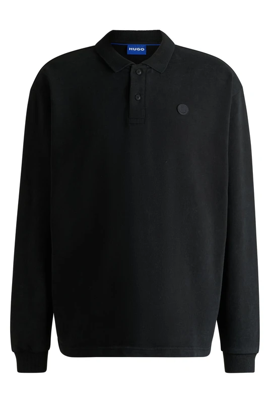 HUGO Mens Nulong Cotton-Terry Polo Shirt with Happy Logo Black