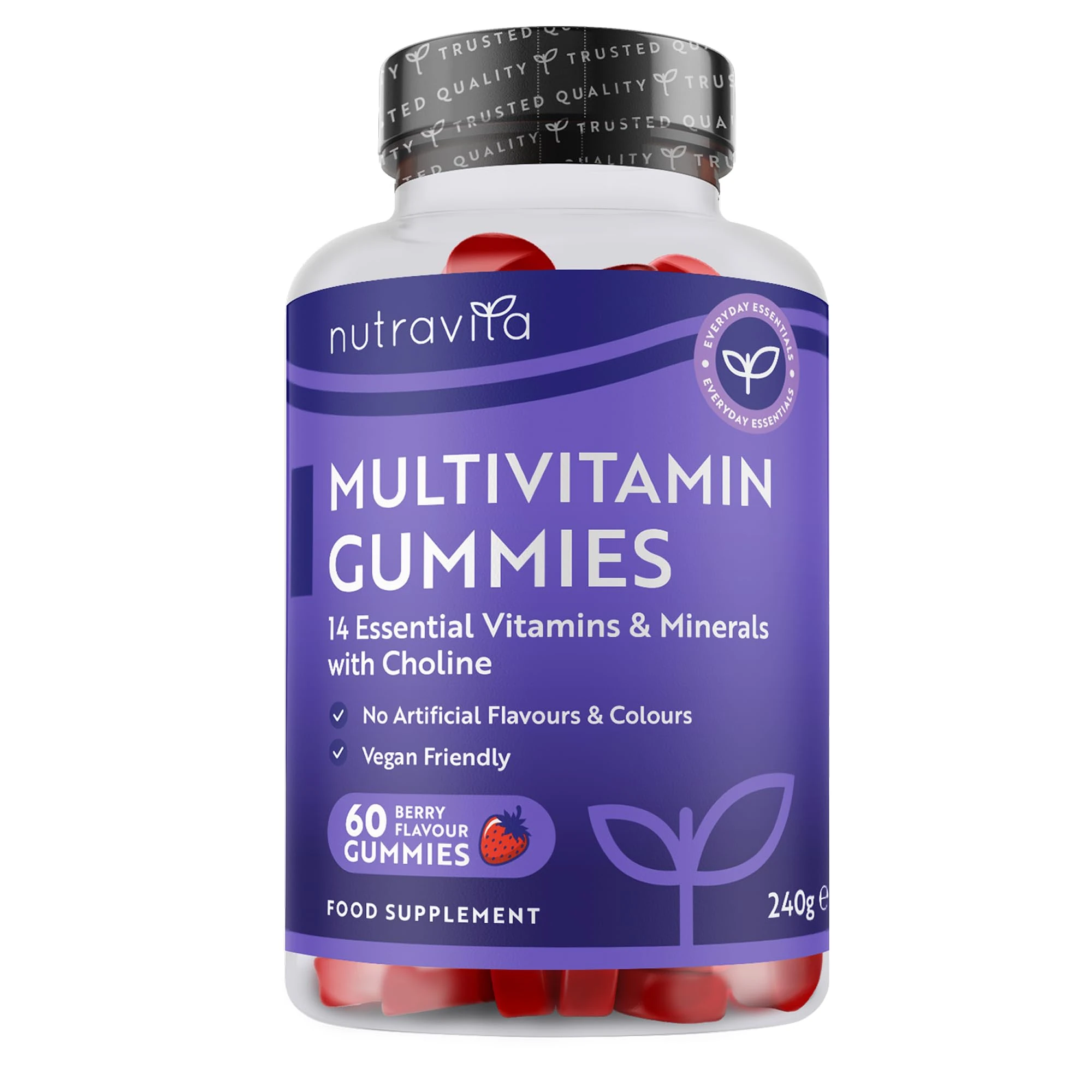 Nutravita Vegan Multivitamin Gummies for Women & Men – 60 Berry Flavour Chewable Adult Multivitamins (2 Month Supply) Daily Supplement with 14 Vitamins & Minerals incl. Vitamin C D3 B12 Biotin Zinc