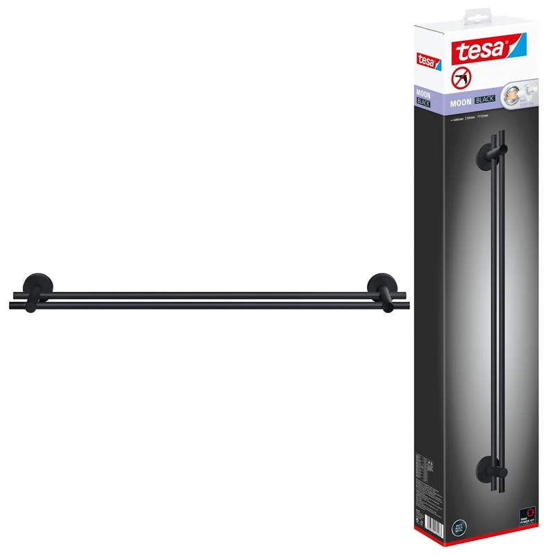 tesa MOON BLACK Towel Rail - No Drill Towel Holder - matt black - Waterproof - Includes Removable Glue Solution - 112 mm x 640 mm x 50 mm