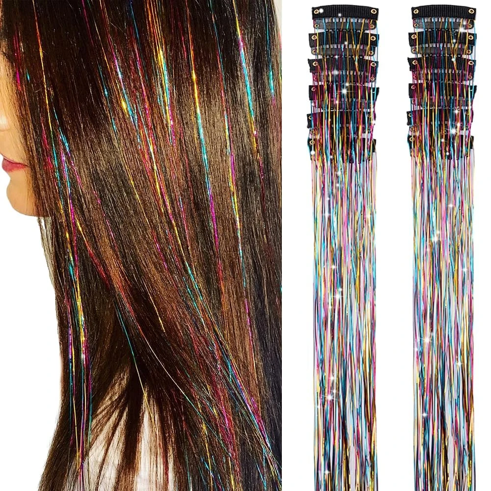 PORSMEER 12Pcs Clip in Hair Tinsel Kit,Colorful Glitter Heat Resistant Fairy Tinsel Extensions with Clips,Sparkling Shiny Hair Accessories 20 Inch for Women