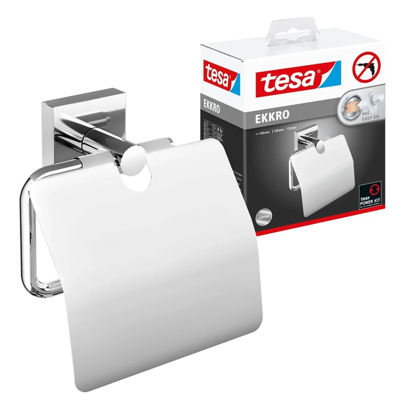 tesa EKKRO Toilet Paper Holder with Lid - Chromed Metal Toilet Paper Holder for Bathrooms and Guest Toilets - Including Self-Adhesive Solution without Drilling - 53 mm x 140 mm x 128 mm